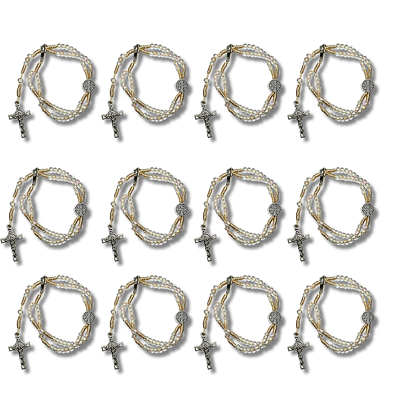 Kit com 12 Terço de Pulso Infantil Branco Translúcido com Medalha de São Bento - Atacado