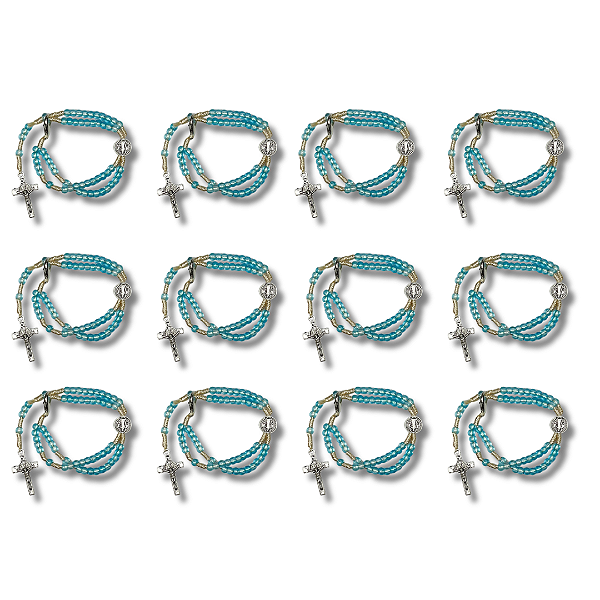 Kit com 12 Terço de Pulso Infantil Azul Translúcido com Medalha de São Bento - Atacado