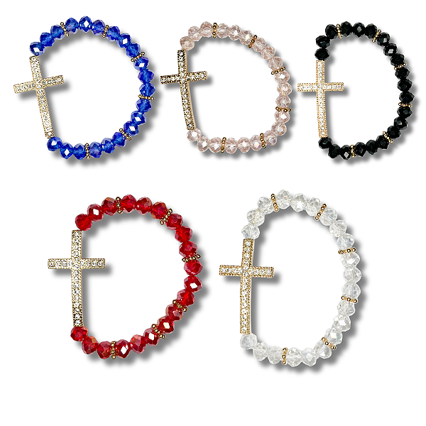 Kit com 12 Pulseira de Miçanga com Cruz Cravejada - Atacado (Cores Sortidas)