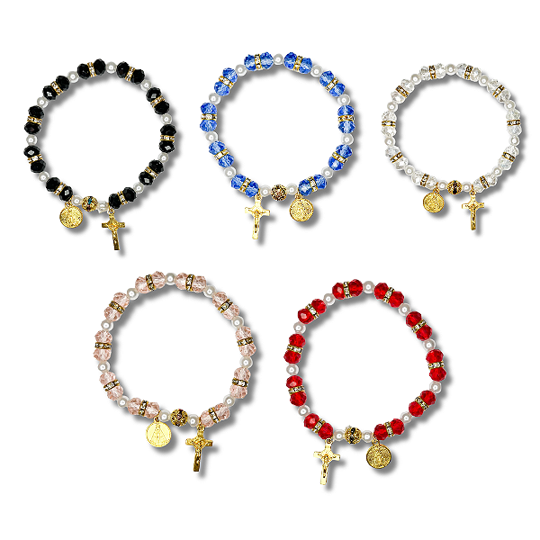 Kit com 12 Pulseira de Miçanga e Pérola com Pingente N. Sra. Aparecida e Cruz - Atacado (Cores Sortidas)