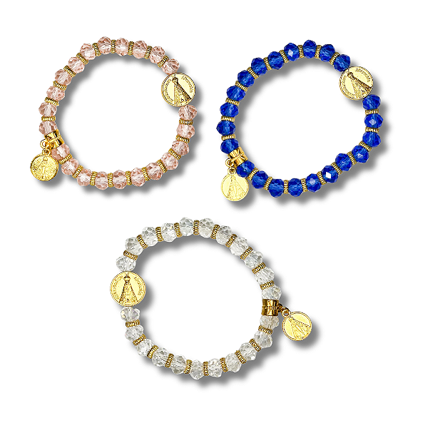 Kit com 12 Pulseira de Miçanga com Pingente de Nossa Sra. Aparecida Dourada - Atacado (Cores Sortidas)