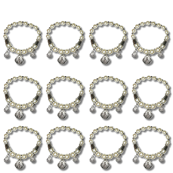 Kit com 12 Pulseira de Miçanga Perolada Branca com Medalha de Nossa. Sra. Aparecida com Detalhe em Concha - Atacado