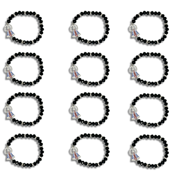Kit com 12 Pulseira de Miçanga Preta com Pingente de Nossa Sra. Aparecida - Atacado