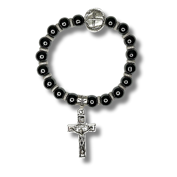 Pulseira de Hematita com Pingente e Medalha das Duas Cruzes