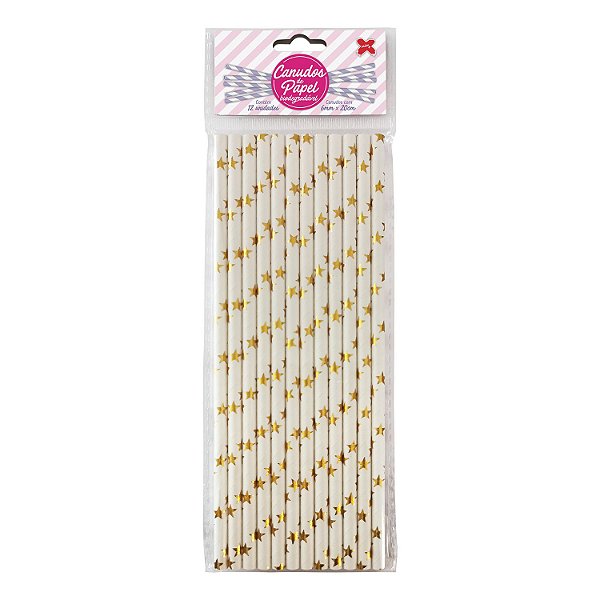 CANUDO DE PAPEL 6MMX200MM C/12-BRANCO E OURO METALICO-ESTRELINHAS