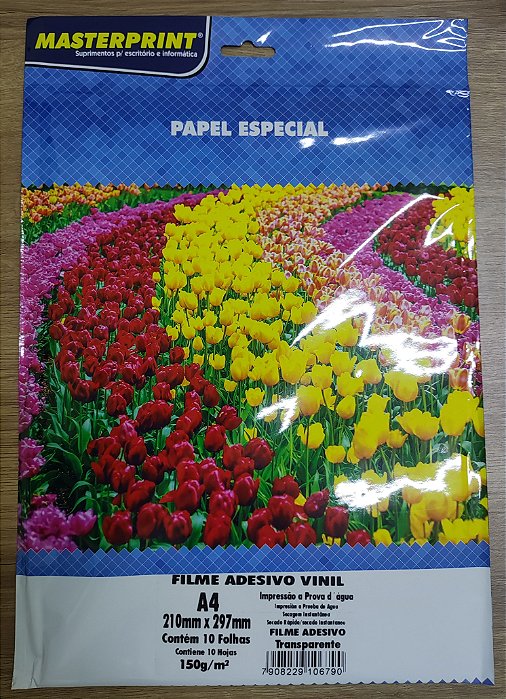FILME ADESIVO VINIL A PROVA D'AGUA TRANSPARENTE 150g/m² A4 - 10 FOLHAS - MASTERPRINT