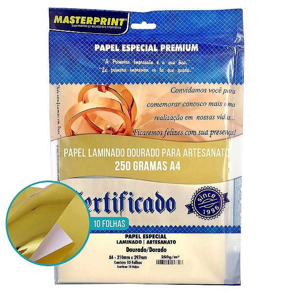 PAPEL DOURADO LAMINADO PARA ARTESANATO 250g/m² A4 - 10 FOLHAS
