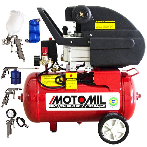 Compressor de Ar Motomil 7,6 pés 24 lts 220v 2hp com Kit de Acessórios Ck8