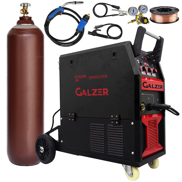 Máquina de Solda Mig Galzer Ultra Mig 300 220v Cilindro 7m³ Arame 15kg Regulador Completa Gz9