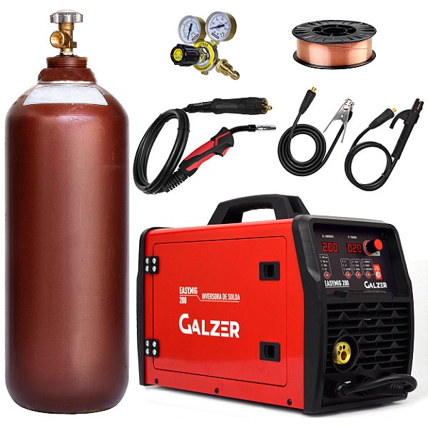 Máquina de Solda Mig Galzer Easy Mig 200 220v Cilindro 4mt³ 20lts Arame 5kg Regulador de Pressão Completa Gz8