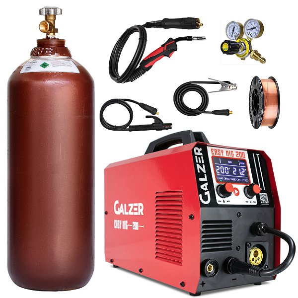 Máquina de Solda Mig Galzer Easy Mig 200 220v Cilindro 4mt³ 20lts Arame 5kg Regulador de Pressão Completa Gz8