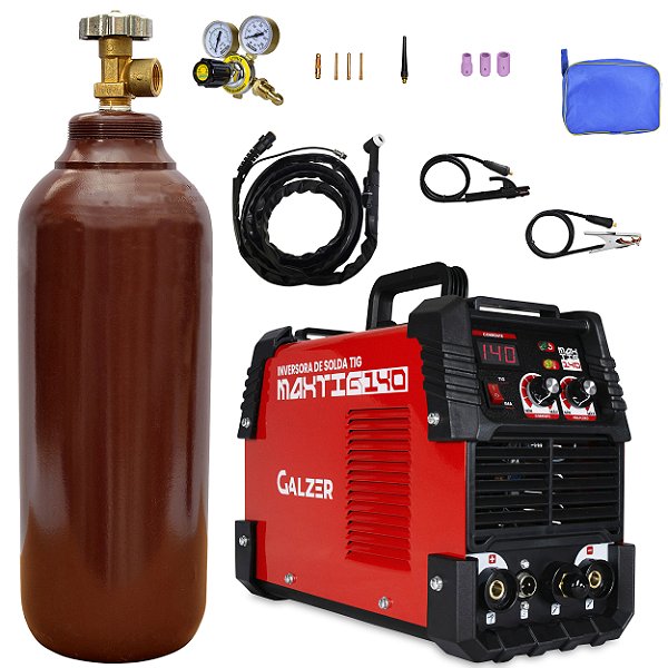 Inversor de Solda Tig Mma Galzer Max Tig 140a 220v Completa Cilindro 1m³ Regulador Gz6