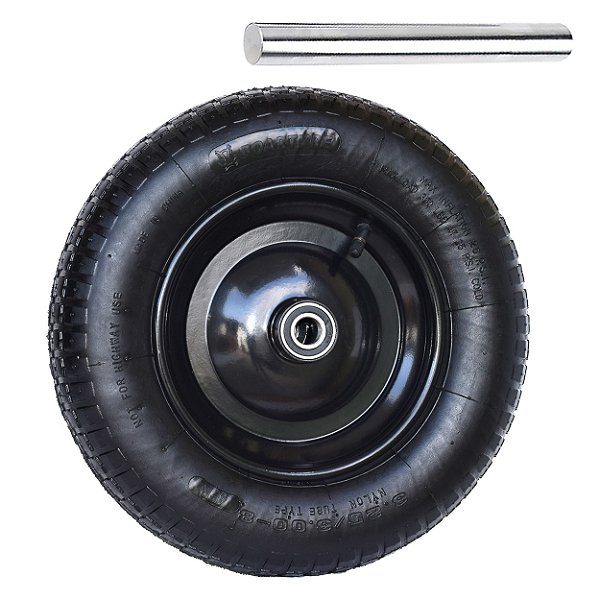 Roda Completa 3.25-8 com Pneu, Câmara, Rolamento e Eixo Aço 30cm para Carrinho de Transporte Xc1