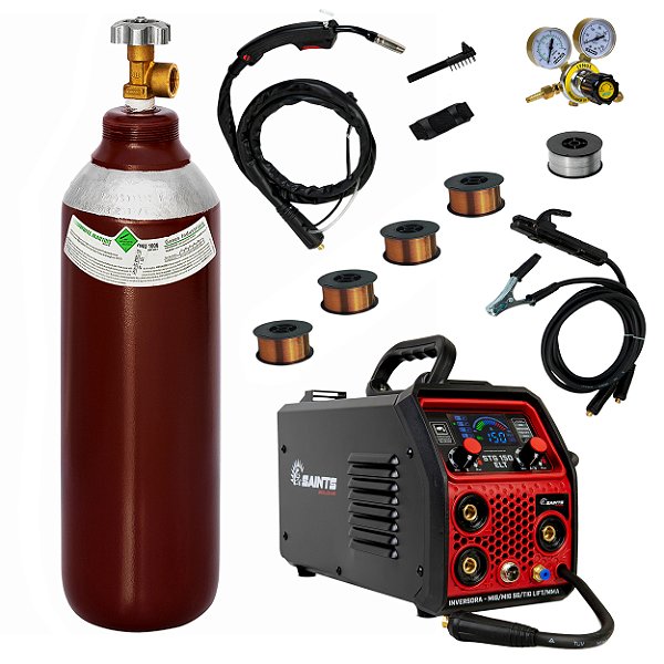 Inversora de Solda Saints STG 150 Elt 150A Mig Tig Eletrodo 127v 220v Bivolt Cilindro Regulador de Pressão Arame Ns7