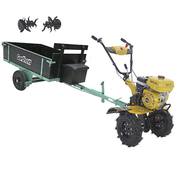 Motocultivador a Gasolina Buffalo Bfg890 7hp com Carreta Garthen GCM-250 Capacidade 250kg Tc6