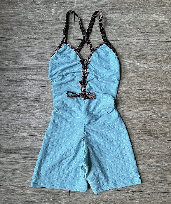 Macaquinho Ilhós Brocado Azul Empina