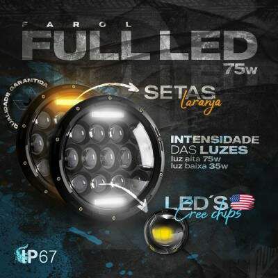 Farol Full Led 75w com seta 7 Polegadas