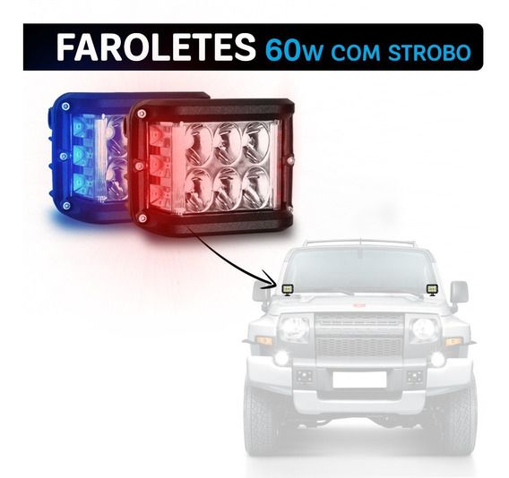 Par Farol Milha Led 60w Com Strobo 1 Pç Azul E 1 Pç Vermelho