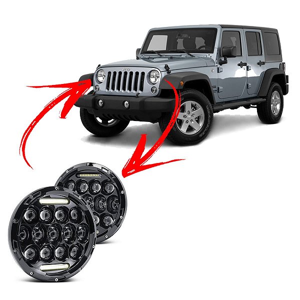 Farol Full Led 75w com seta 7 Polegadas para Jeep Wrangler