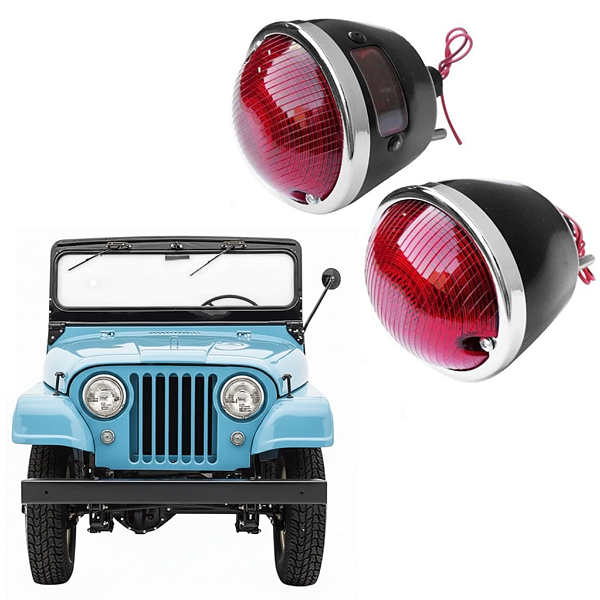 Lanterna Traseira Jeep CJ5 Willys / Ford com Aro Cromado e Vigia - Par