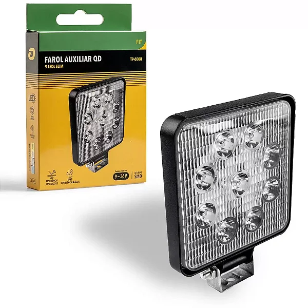 Farol Milha Led Quadrado Fit Alumínio 6000k 9 Led 12/24v Tarponn