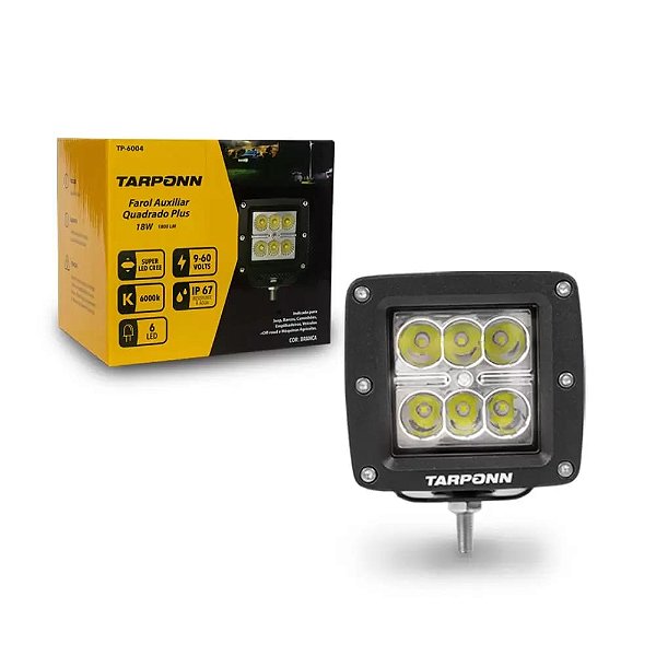 Farol Milha Led Quadrado Alumínio 6000k 6 Led Cree 18w 9-60v Tarponn