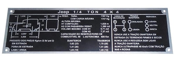 PLAQUETA DO PAINEL DAS INFORMAÇÕES TÉCNICAS JEEP CJ5 CIVIL 1/4 TONELADA 4X4