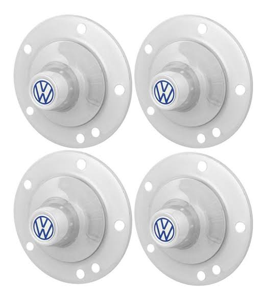 KIT CALOTA TIPO VIAGEM CENTRO RODA FUSCA 5 FUROS 1200 1300 1300L 1500 1600 57 A 96 AÇO CROMADO COM EMBLEMA VW