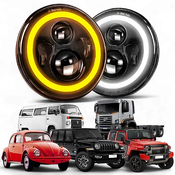 PAR FAROL LED ANGEL EYES SETA LARANJA 7" TROLLER JEEP WRANGLER VW SCP-7250