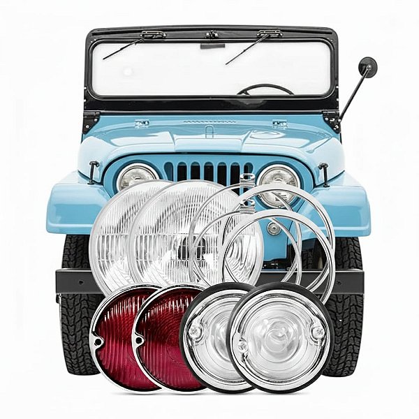 kit Iluminação Jeep CJ5 Ford / Willys Sealed Bean + Aro Interno e externo + Lanterna Dianteira e Traseira