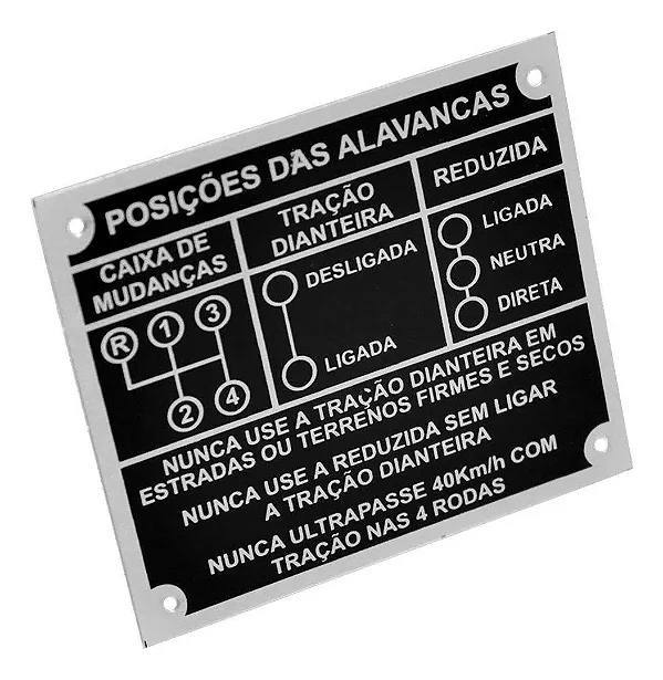 Emblema Plaqueta Painel Câmbio 4 Marchas Tração Dianteira Reduzida Preta Jeep Willys Rural F75