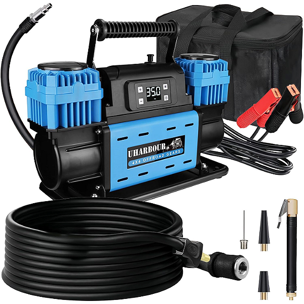 Compressor de Ar Off-Road 12V Duplo Cilindro com Parada Automática, Visor Digital LCD e Bolsa de Transporte (Heavy Duty)