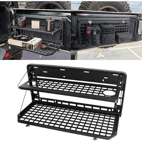 Mesa Traseira Dobrável de Alumínio com Painel MOLLE para Jeep Wrangler JK e JL (2 Portas e 4 Portas)