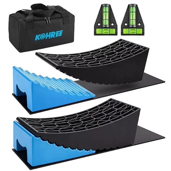 Kit de Niveladores Curvados Robustos Kohree de 15,2 cm (6") para RVs e Trailers - Conjunto com 2 Blocos de Nivelamento, 2 Calços de Roda, 2 Tapetes Antiderrapantes de Borracha e Bolsa de Transporte