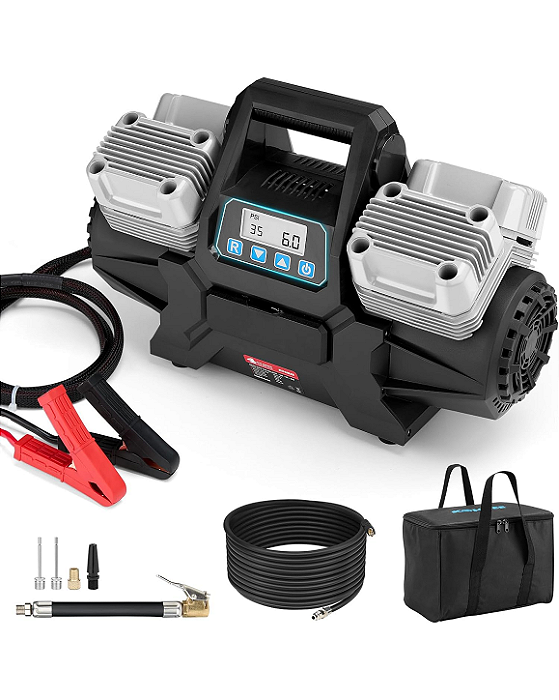 Compressor de Ar Portátil Heavy Duty Kohree 12V de Quatro Cilindros com Vazão Extrema de 14.13 CFM, Painel de Exibição Digital e Pressão Máxima de 150 PSI - Para Caminhões, Veículos Off-Road 4x4, SUVs e RVs
