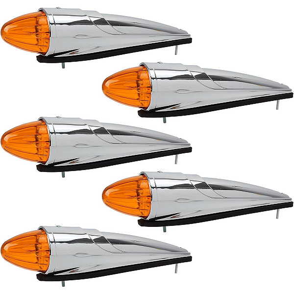 Kit 5 Luzes de Teto LED Âmbar Estilo Torpedo com Base Cromada - Caminhões Pesados