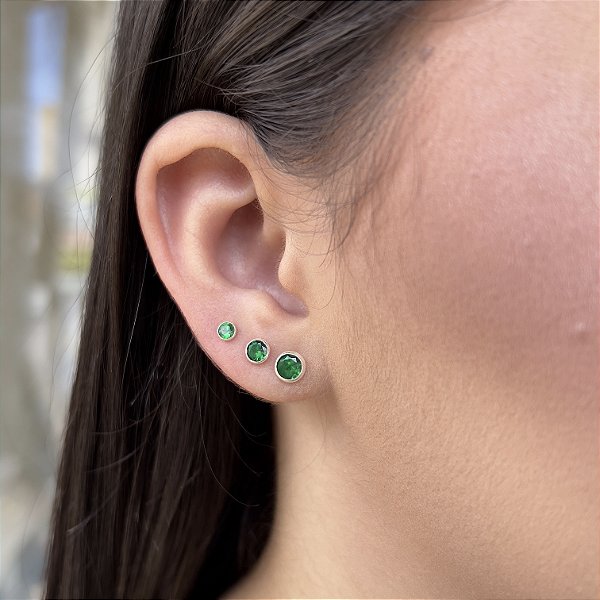 Trio Brincos Cravação Inglesa Verde Esmeralda Prata 925 - 3/4/5mm - BPR44