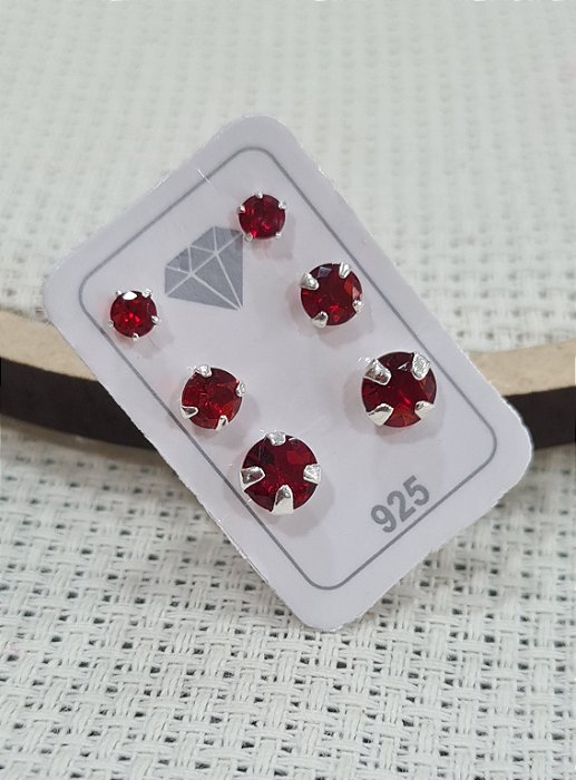 Trio de Brincos com Pedra Vermelha - Prata 925 - 3mm 4mm 5mm BPR192