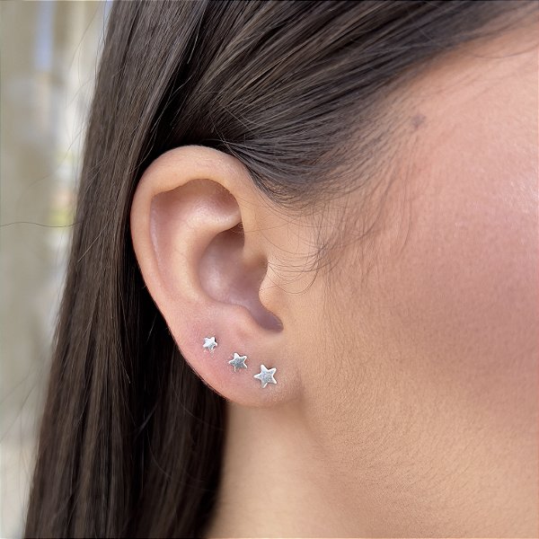 Trio de Brincos Estrelinhas Lisas Prata 925 - 3/4/5mm - BPR52