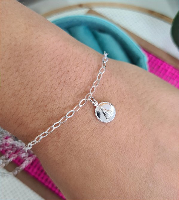 Pulseira  Medalha de Nossa Senhora Aparecida Prata 925 - 18cm - PPR19