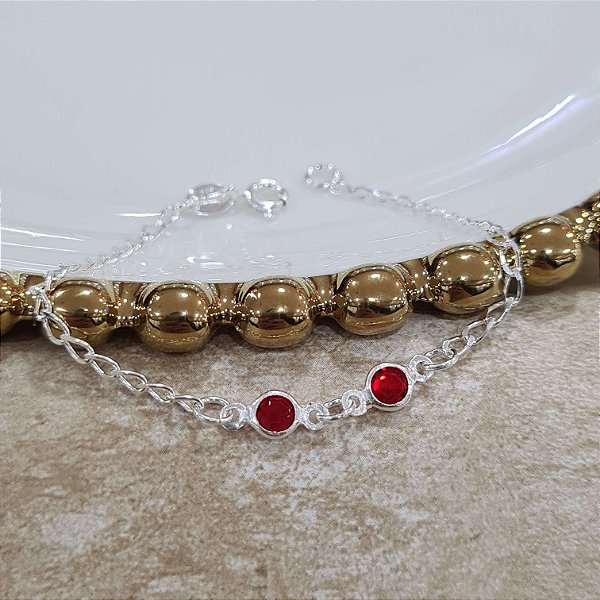 Pulseira Infantil com Pedras Vermelha  Prata 925 - 14cm - PPR24