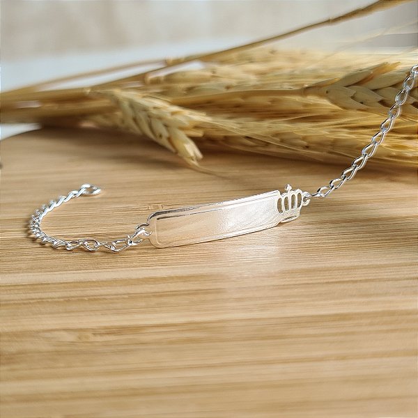Pulseira Infantil Plaquinha com Coroa Prata 925 - 14cm - PPR25