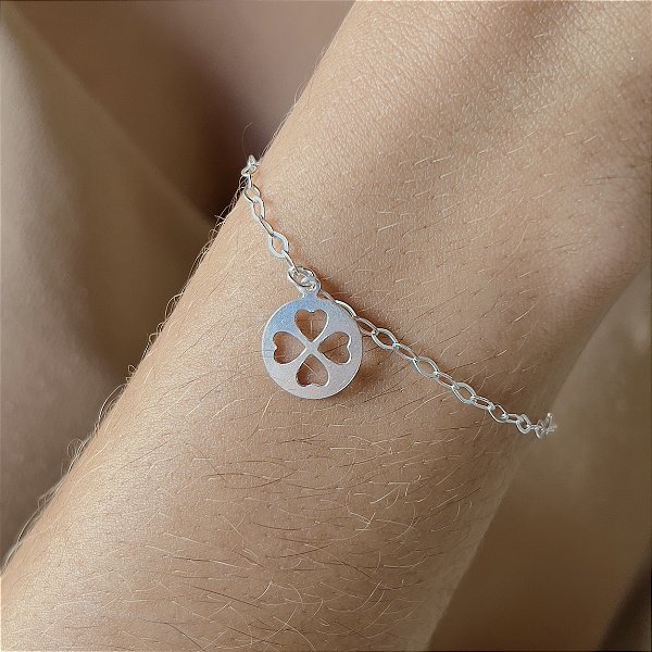 Pulseira com Medalha Trevo Prata 925 - 18cm - PPR76
