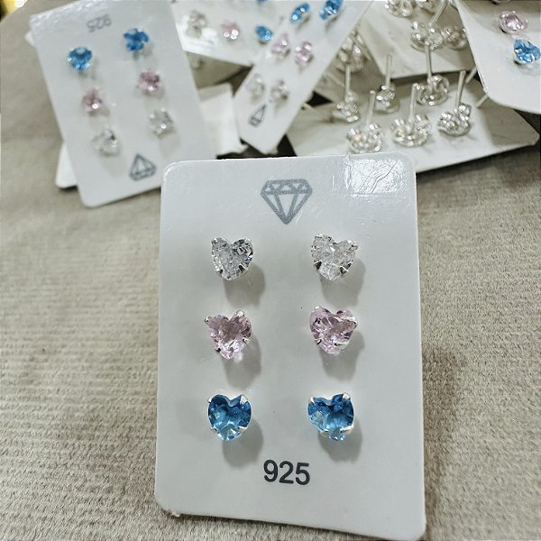 Trio Brincos Corações com Zircônias 3 cores Prata 925 - 4mm - BPR182