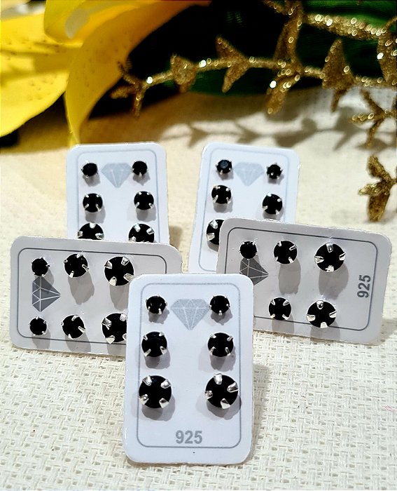 Kit Trio c/ 05 Cartelas  Pedras Preta Prata 925 - 3mm - 4mm - 5mm
