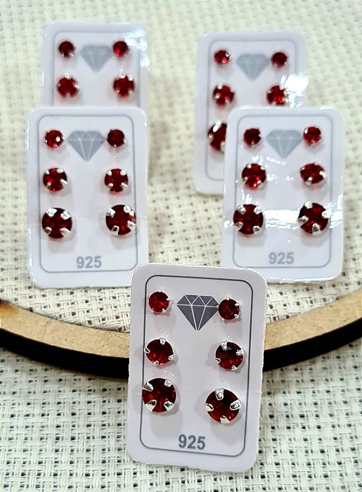 Kit Trio 05 Cartelas de Brincos c/ Pedras Vermelha Prata 925 - 3mm - 4mm - 5mm