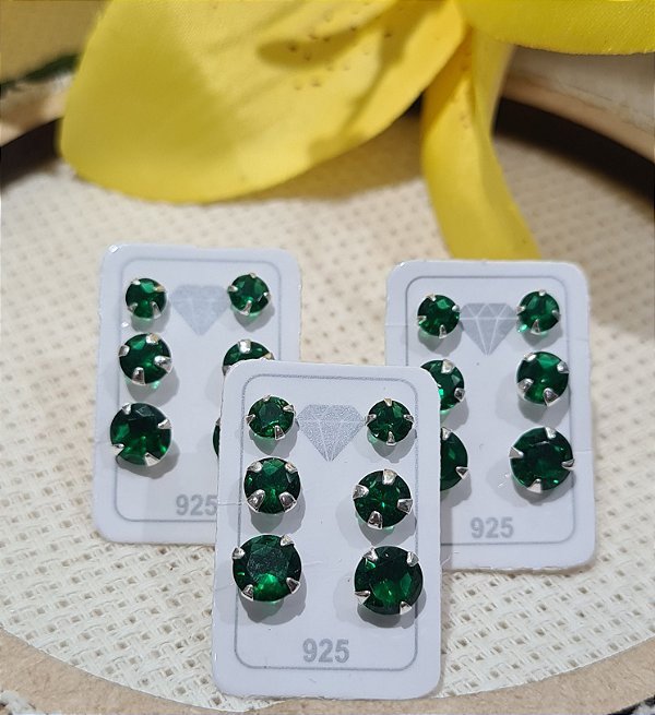 Trio Brincos com Pedra Verde - Prata 925 - 3mm 4mm 5mm - BPR213