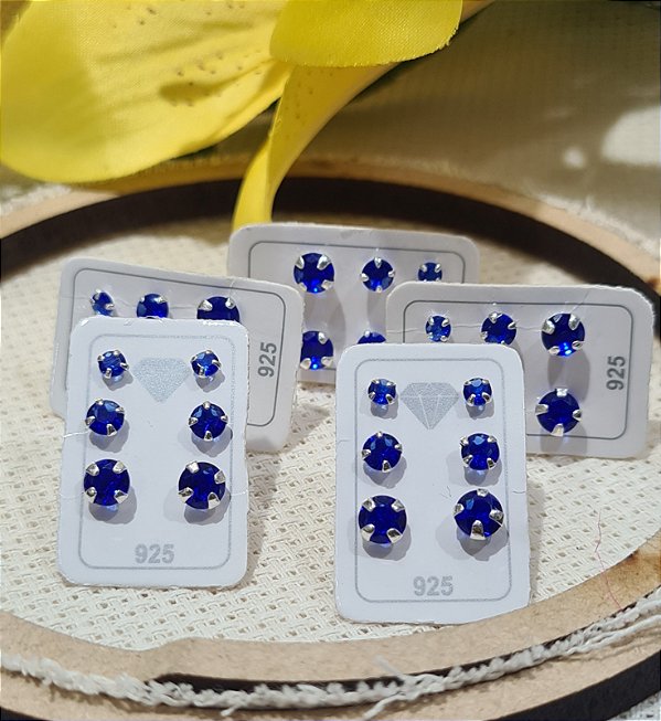 Kit Trio 05 Cartelas de Brincos c/ Pedras Prata 925 - 3mm - 4mm -5mm