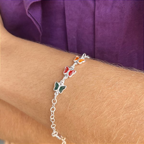 Pulseira com Borboletas Coloridas Prata 925 - 18cm - PPR96