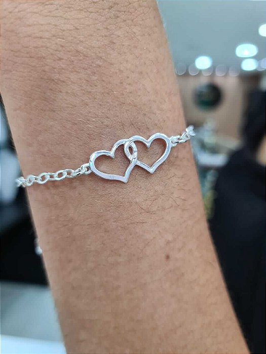 Pulseira Feminina 2 Corações Prata 925 - 18cm - PPR105